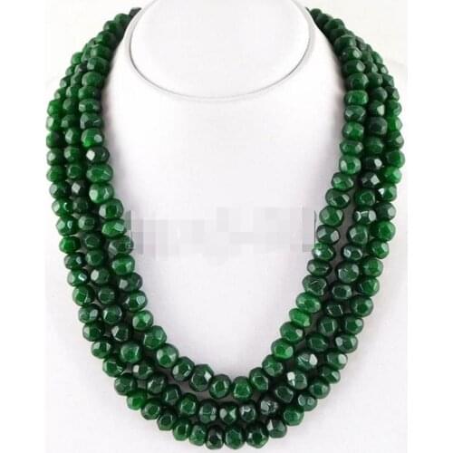 3Rows Natural 5x8mm Green Emerald Faceted Gemstone Beads Necklace 17-19'' AAA