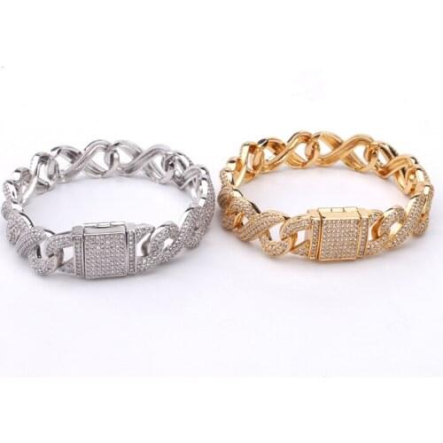 Hip Hop Micro Paved AAA Cubic Zirconia Bling Iced Out Infinity Cuban Link Chain Bangle Bracelet for Men Rapper Jewelry
