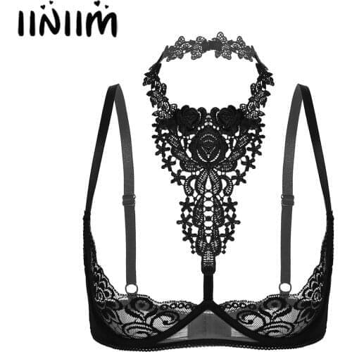 Womens Sissy Bra Tops See-through Floral Lace Underwired Unlined Halter Bare Breast Underwear Lingerie Exotic Tanks Crop Tops