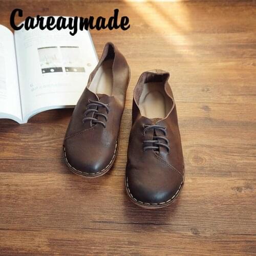 Careaymade-Vintage Literary Fan Hand-Stitched Leather Womens Shoes First Layer Leather Low Heel round Head Mori Womens Shoes