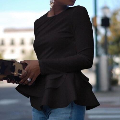 Long Sleeve White Ruffle Hem T-shirt Autumn Women Tops Office Lady Winter Casual Peplum Tops Elegant Black Red Female New Tees