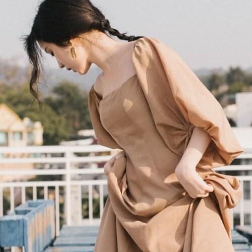 JSXDHK Vintage Women Square Collar Dress New 2021 Spring Summer Lantern Sleeve Off Shoulder Ladies Holiday Long Dress Vestidos