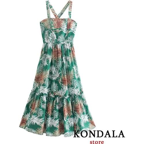 KONDALA Women Graffiti Print Vintage Midi Dress Za Fashion Cross Backless Ruffles Trim Beach Dress Sleeveless A-Line Vestidos