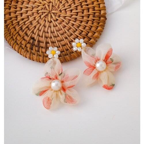 LOVOACC Temperament Pink Muslin Big Flower Dangle Earring for Women Trendy Imitation Pearl Holiday Earring Jewelry Pendientes