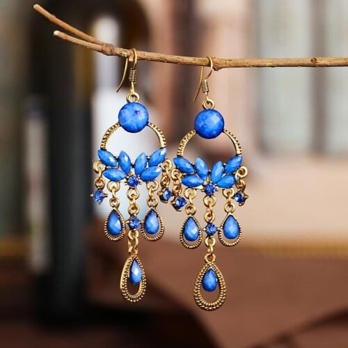 Trendy Flower Blue Crystal Long Tassel Dangle Earrings For Women Hangers 2020 Classic Indian Earrings Beads Wedding Earrings
