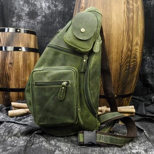 Men Male Chest Packs Single Shoulder Bag Big Leather Chest Bag for Sports Hiking Biking Crossbody Bags Crazy Horse Leather