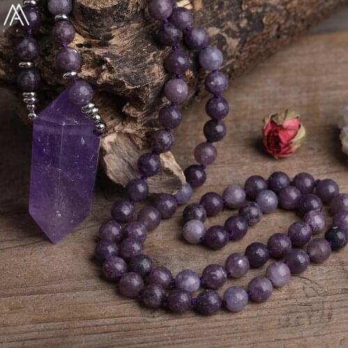 Natural Amethysts Quartz Double Stick Point Pendant 8mm Purple Jades Round Beads Cord Knotted Mala Necklace Handmade Jewelry
