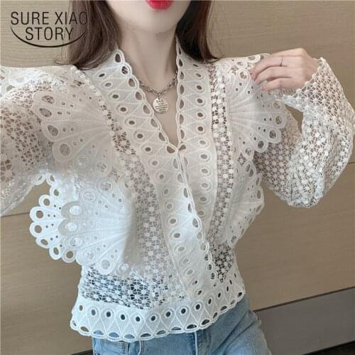 New Spring Lace Blouse Women Chic Crochet Hollow Butterfly Long Sleeve White Shirt Puff Sleeve Casual V-neck Tops Blusas 12960