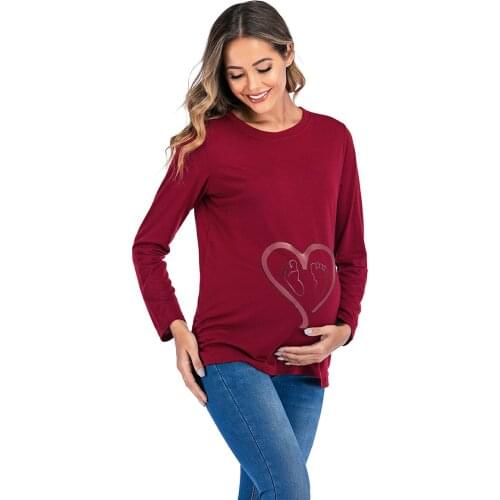 2020 New Maternity Tees Shirt Long Sleeve Heart Baby Foot Printed Clothes for Pregnancy Women Pregnant O-neck Tops Spring Autumn