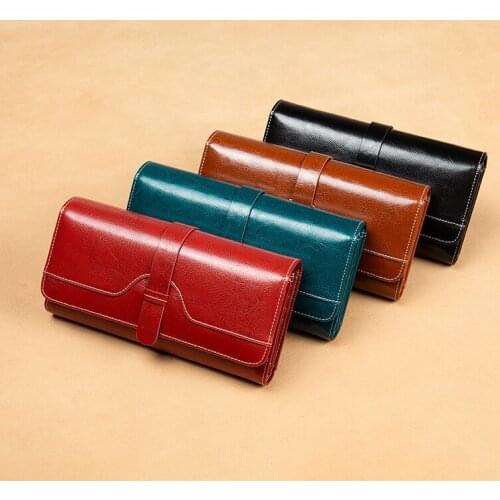2021 new style leather ladies long coin purse buckle vintage oil wax leather coin purse wallet ladies