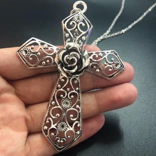 1PCS Retro Fashion Religious Faith Big Cross Pendant Necklace Cross Flower Charm Tibetan Silver Color Jewelry For Women Gifts