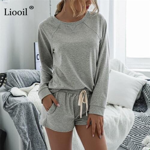Liooil Casual Women Two Piece Outfits 2021 Long Sleeve T Shirt and Drawstring Straight Leg Shorts For Ladies Autumn Short Set