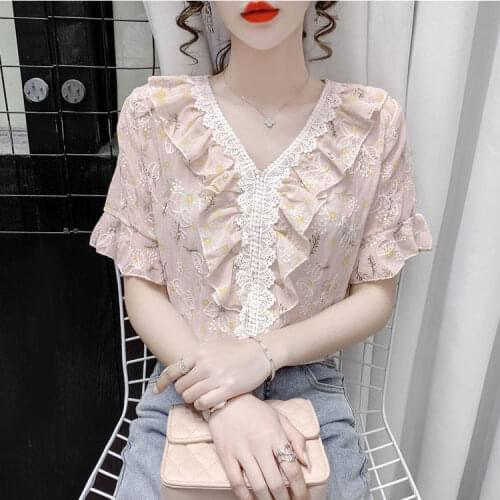 Womens Ruffled Shirt 2021 Summer New Lace Stitching V-neck Blouse Floral Office Blouse Fashion Korean Slim Blusas Mujer