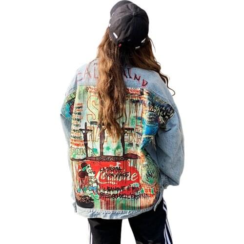 Denim Jacket for Women Brand Clothing Street Hip Hop Frayed Outwear Graffiti Print Female Casual Loose Outerwear Oversize Coat