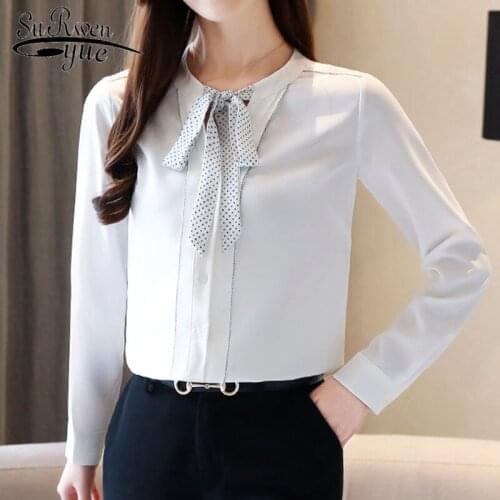 Korean Fashion Women Clothing 2021 Elegant White Long Sleeve Shirts Solid Bow Chiffon Blouse Women Shirts Ladies Tops 8486 50