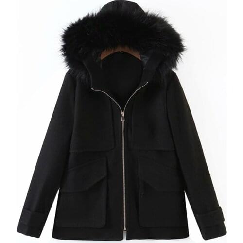 Evfer Women Winter Fashion Faux Fur Hooded Za Loose Black Jackets Outwear Female Stylish Pockets Zipper Woolen Thick Coats Chic