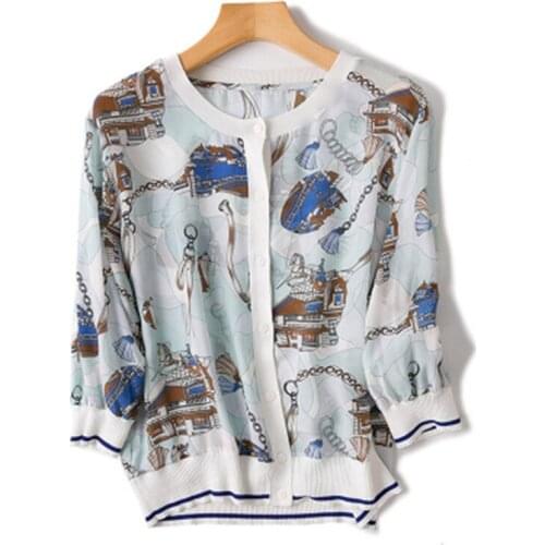 100%silk women new fashion printed loose cardigan shirt 3quarter sleeve light blue one&over size retail wholesale