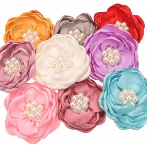 10PCS 2.2inch Fabric flowers Pearl Center Boutique Hair Flower Baby Girl Hair Accessories for Barrette Hair bows Headwear
