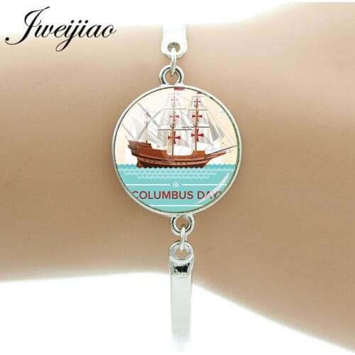 JWEIJIAO Custom Columbus Day Bracelet & Chain Bangles Sailing Boat Art Picture Glass Cabochon Charms Gift CO02