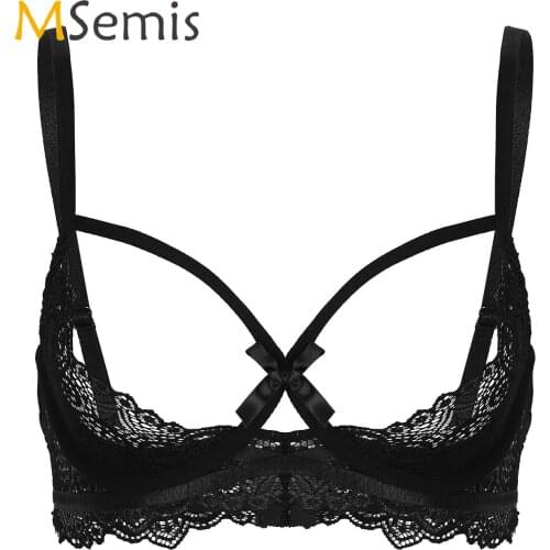 Womens Open Cup Bra See Through Sheer Lace Lingerie Adjustable Spaghetti Shoulder Straps Half Cups Underwired Bra Tops