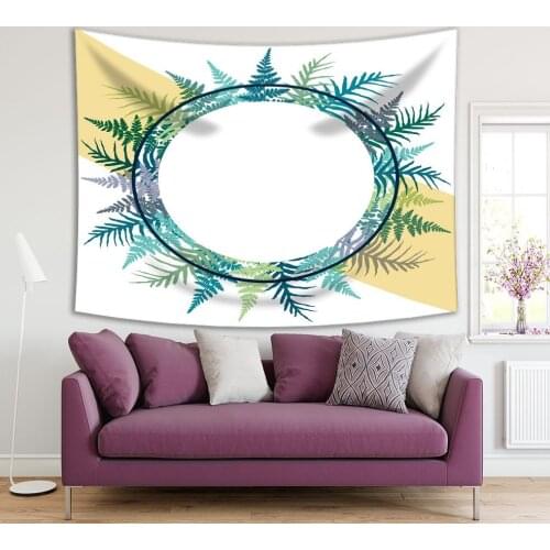 Tapestry Fern Plant Leaves in Circle Wreath Exotic Floral Decorative Artwork Printed Green Blue Yellow