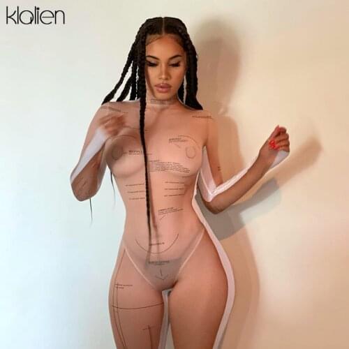 KLALIEN Fashion Sexy Mesh Print Long Sleeve Turtleneck Jumpsuit For Women Autumn New Skinny Stretch Slim Beach Clubwear Romper