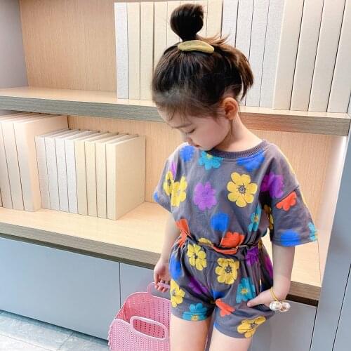 2021 Girl Clothes Cotton Sun Flower T-shirts Tops + Shorts Pants 2pcs Outfits Summer Newborn Clothes Set