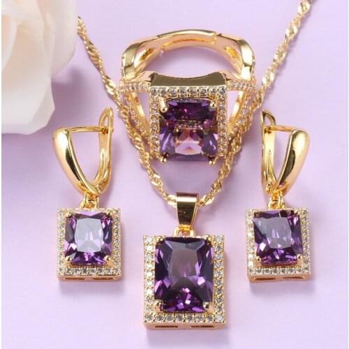 African Women Wedding Costume Jewelry Sets Yellow-Gold Color Necklace And Earrings Bridal Purple Crystal Jewelry