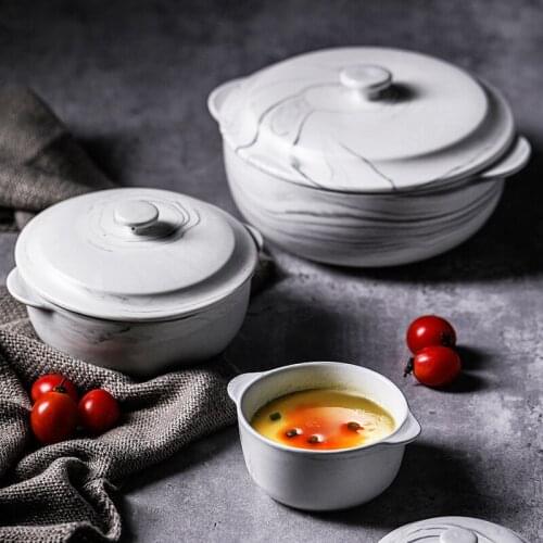 260ml/720ml/1500ml Steamed egg bowl with lid ceramic double ear bowl Japanese simple noodle bowl soup bowl household large bowl