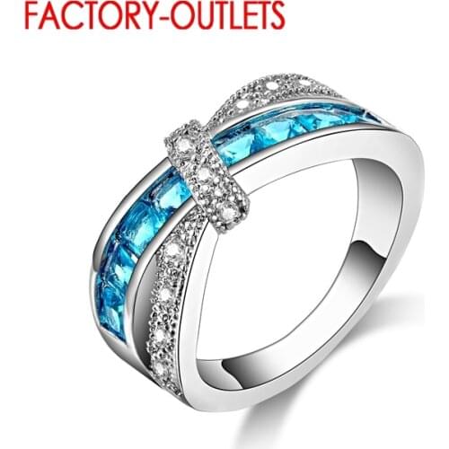Trendy Jewelry Blue Cubic Zirconia Finger Ring Women 925 Engagement Wedding Rings Bijoux