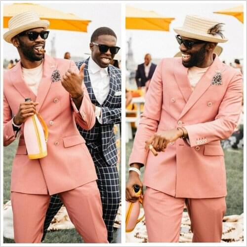 2020 Coral Mens Wedding Suits Summer Beach Groom Tuxedos Double Breasted Men Wedding Prom Blazer 2 Pieces