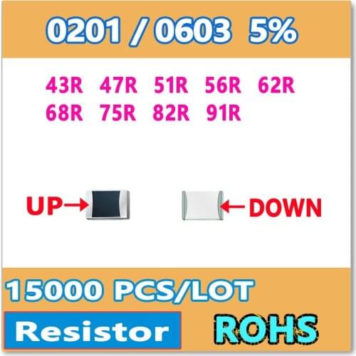 Original 0201 J 5% 15000pcs 43R 47R 51R 56R 62R 68R 75R 82R 91R smd 0603 resistor 430 470 510 560 620 680 750 820 910 OHM