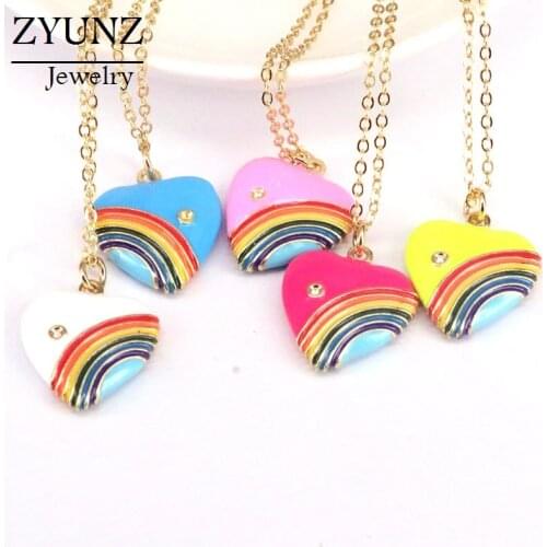 10PCS, Gold Chain Enamel Heart Necklace For Women Rainbow Pendant Necklace CZ Zirconia Statement Jewelry