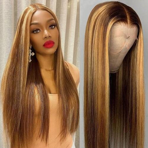 Cheap 30 Inch Straight Blonde Lace Front Wig Human Hair Lace Frontal Wigs T Part Brazilian Ombre Highlight Wig Human Hair Wigs