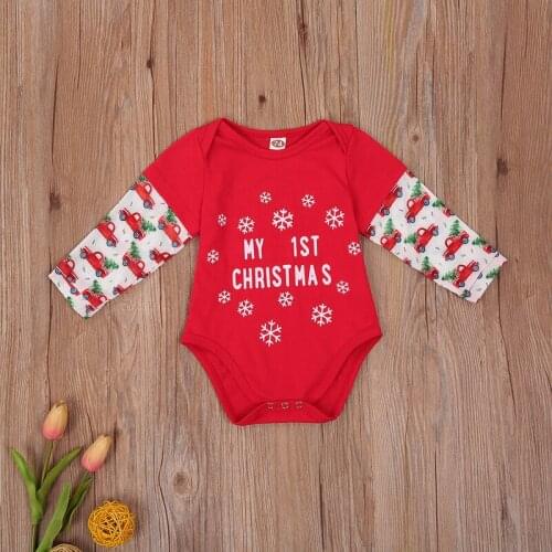 Christmas Romper Baby Girl Snowflake Car Printed Full Length Regular Sleeve Round Neck Cotton Fashion Covered Button Rompers