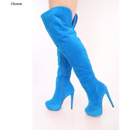 Olomm Women Over The Knee Boots Sexy Stiletto High Heels Round Toe Beautiful Multi Color Dress Shoes Women Plus US Size 35-52