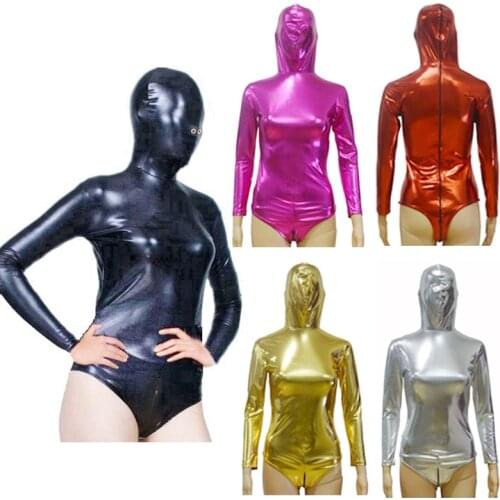 Sexy Lingerie With Head Mask Women Latex Catsuit Faux Leather Front Zipper Crotch Bodysuit Fetish Costumes BDSM Erotic Body Suit