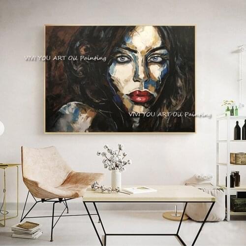 Handmade Modern Black Ground Girl Pretty Women Face Oil Painting Gallery Collection Home Pillow Case Sofa Cushion Decoration