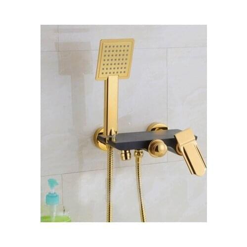 Modern Wall Mounted Chrome Brass Gold Plate Bathroom Shower Faucet Set Bath Faucet Mixer Tap With W/ ABS Hand Shower Head Shower