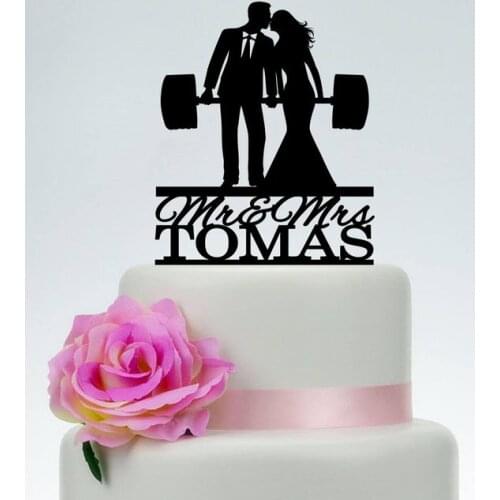 Wedding Cake Topper,Fitness Couple Cake Topper,Weight lifting Groom and Bride, Last Name Cake Topper,Custom Cake Topper