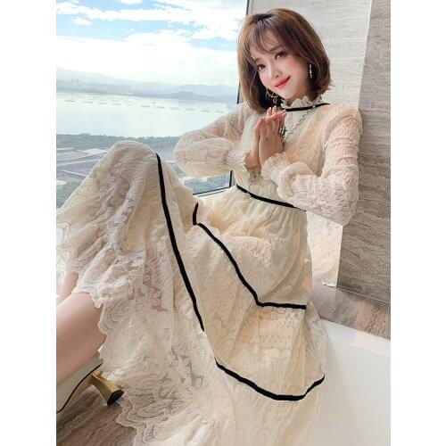Embroidered lace Auricularia lace collar color contrast layering high waist umbrella dress womens winter new High Quality