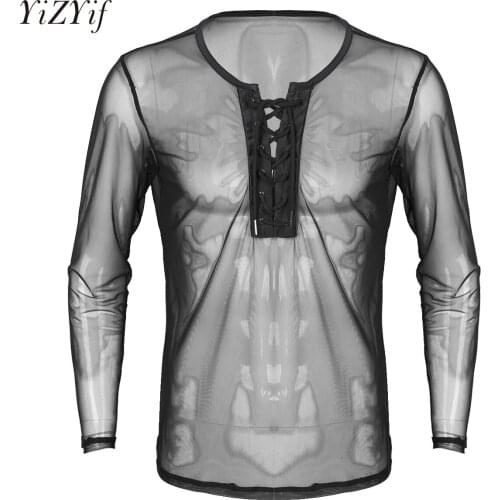 YiZYiF Mens Sexy Lace Up Mesh See Through Long Sleeve T-Shirt Men Sexy Summer Club wear Costumes Undershirts Sheer Fishnet Tops