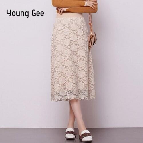 Young Gee Women Knitted Sweater Skirts A-line High Waist Midi Autumn Winter Both Side Wear Lace Skirts Elegant Office Lady saias