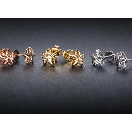 Pure Solid 18k Gold Earrings Women Luck Hollow Flower Stud Earrings 7mmW 18K Yellow / Rose / White Gold