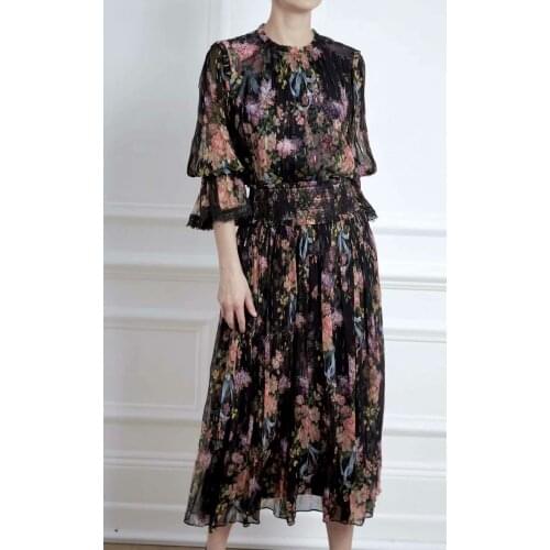 Beautiful High Quality Hot Sale Ruffles Floral Print Silk Jacquard Print Stitching Lace Top Pullover Skirt Suit