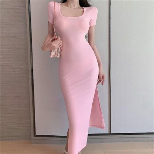 Real Shot 2021 New Womens Wild Sexy U-Neck Slim Side Slit Temperament Long Dress