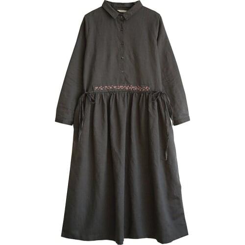 Women Solid Color Dress 2019 Spring Autumn Cotton Linen Embroidery Long-sleeved Vintage Dress Loose Robe Women YoYiKamomo