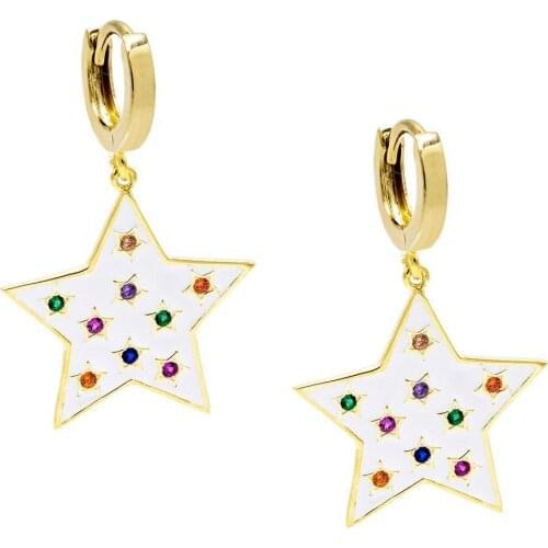Gold filled white enamel rainbow cz sparking star dangle earring gorgeous trendy women jewelry