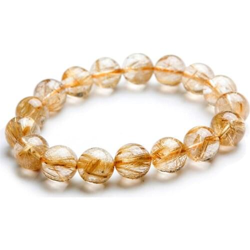 2018 Stretch Bracelets For Women Femme 12mm Genuine Natural Yellow Golden Hair Titanium Rutilated Quartz Crystal Bead Bracelet