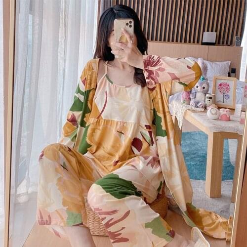 2021 Spring Long Sleeve 3PCS Sexy Robes Pajama Sets for Women Print Sleepwear Homewear Pijama Mujer Home Clothes Three Piece Set